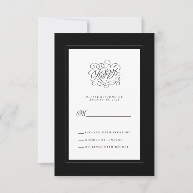 Black White Elegant Wedding Reply Enclosure Chic RSVP Card (Front)