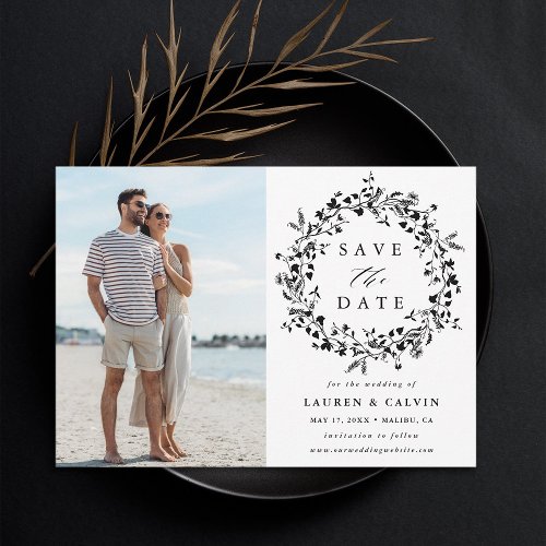 Black  White Elegant Wildflower Wedding Photo Save The Date