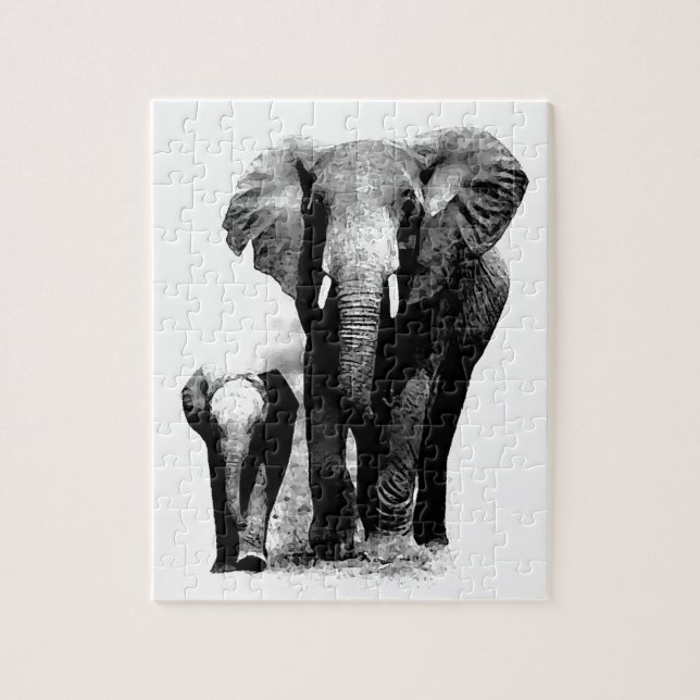 Black & White Elephant & Baby - Animals Art Jigsaw Puzzle (Vertical)