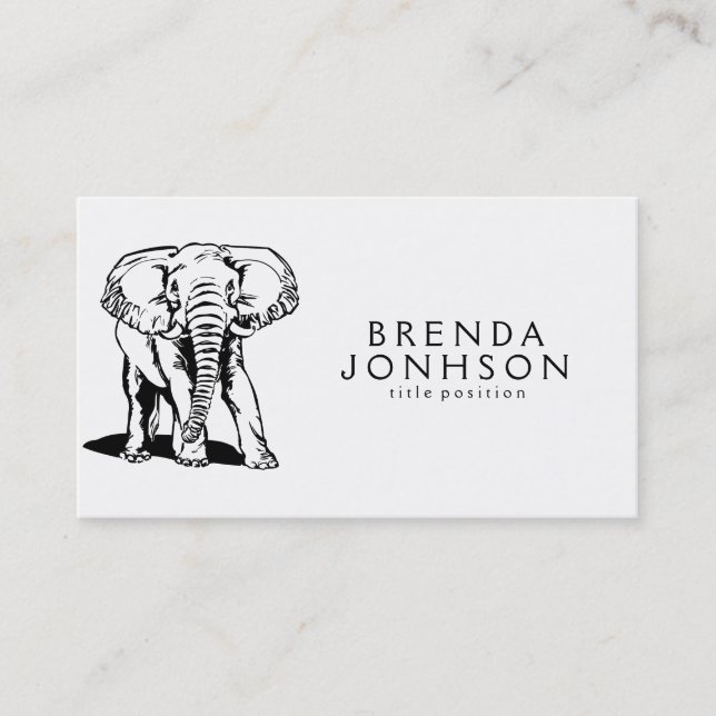 Black & White Elephant Illustration Business Card (Front)