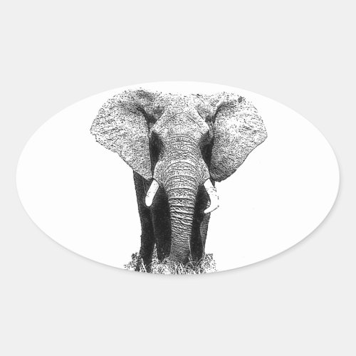 Black  White Elephant Oval Sticker