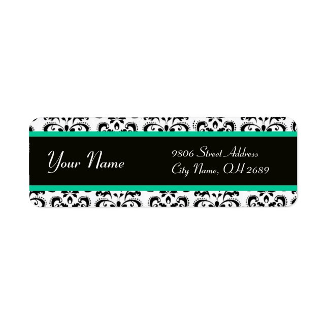 BLACK WHITE EMERALD GREEN DAMASK LABEL (Front)