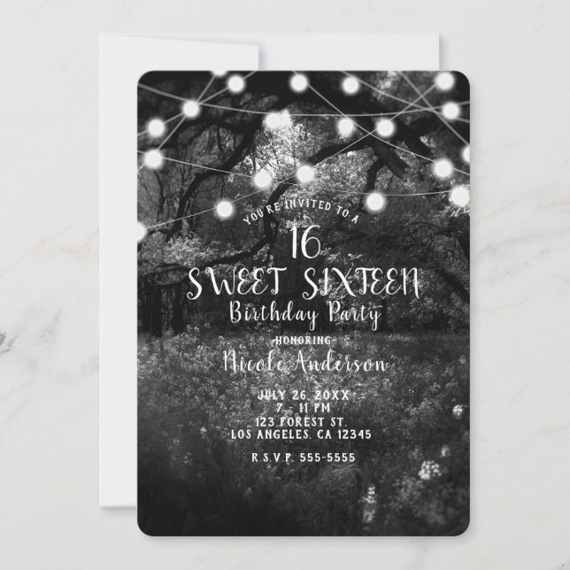 Black White Enchanted Forest Lights Sweet 16 Party Invitation (Front)