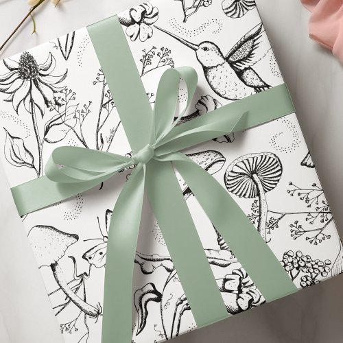 Black  White Enchanted Garden Hummingbird Floral Wrapping Paper