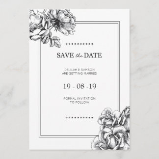 Black & White Etched Floral Wedding Save the Dates Invitation