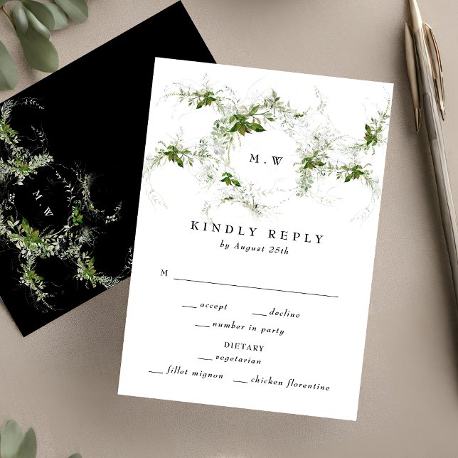 Black White Eucalyptus Wreath Monogram Wedding RSVP Card (Creator Uploaded)