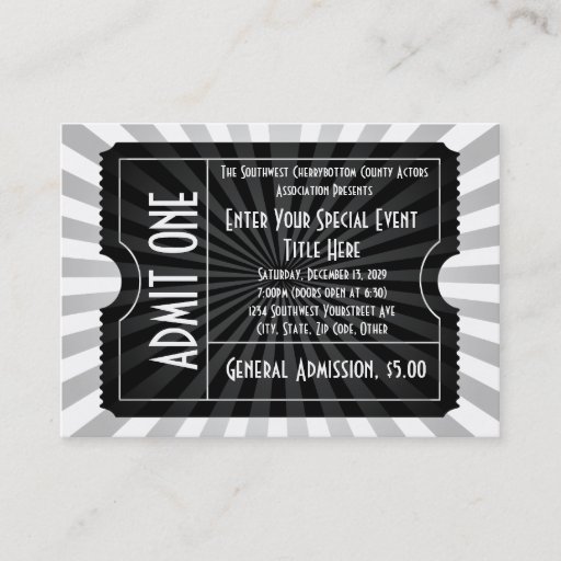 Customizable Black + White Event Ticket, Lg Business Card Size