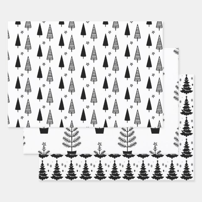 BLACK & WHITE EVERGREEN TREES PATTERN WRAPPING PAPER SHEETS (Set)