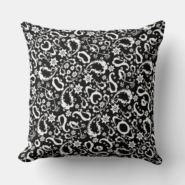 black white exquisite indian pattern throw pillow (Front)