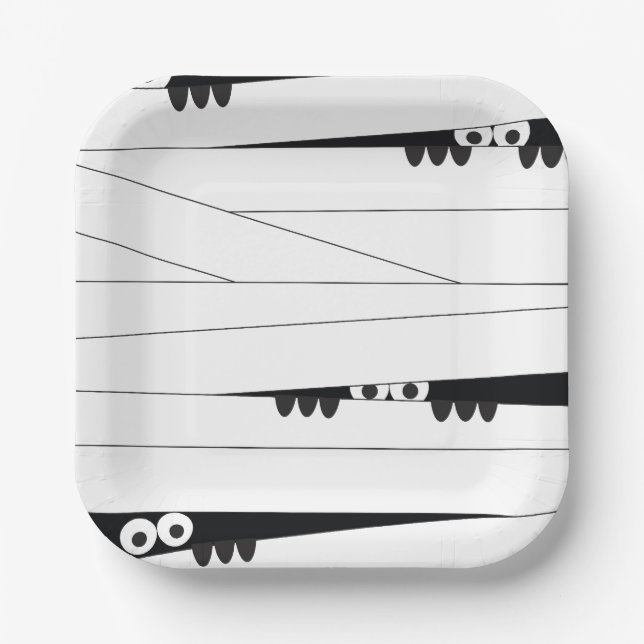 Black White Eyes Peeking Mummy Halloween Paper Plates (Front)
