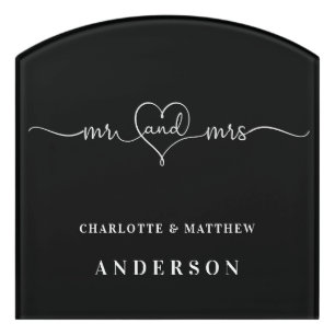 Black white family name mr mrs heart minimalist door sign
