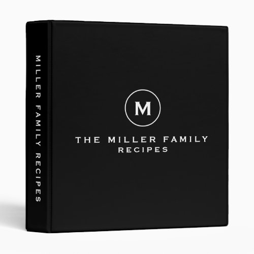 Black  White Family Recipe Monogram Medallion 3 Ring Binder