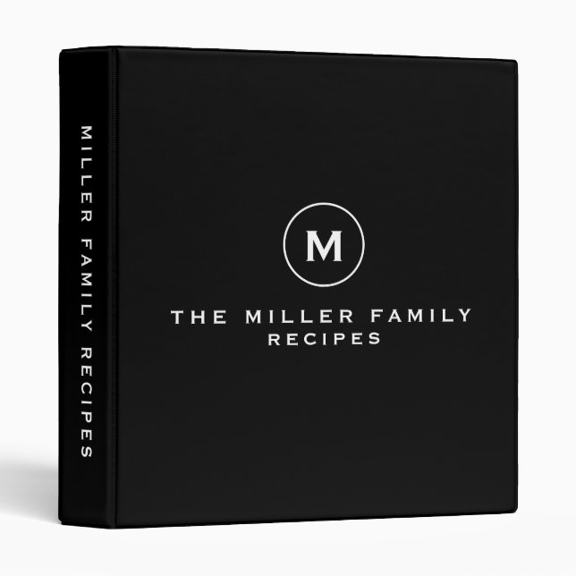 Black & White Family Recipe Monogram Medallion 3 Ring Binder (Front/Spine)