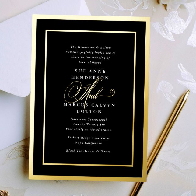 Black & White Fancy Calligraphy Gold Wedding Foil Invitation (Creator Uploaded)