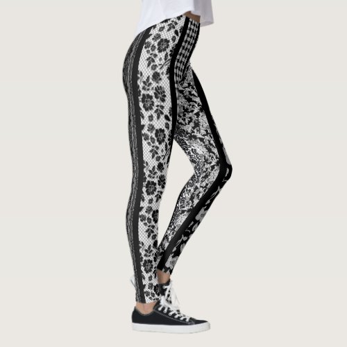 Black  White Fancy Patterns with stripes Leggings