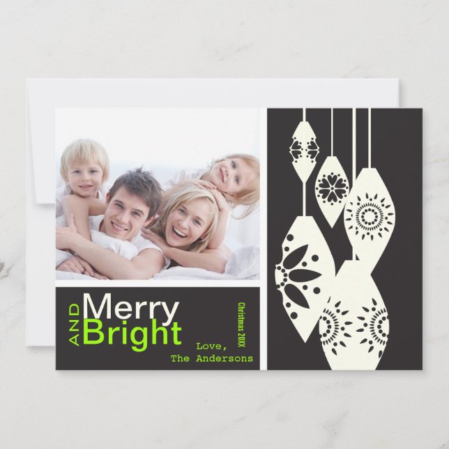 Black White Farmhouse Merry Bright Family Photo Holiday Card (Front)