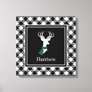 Black White Farmhouse Plaid Chic Deer Canvas Print