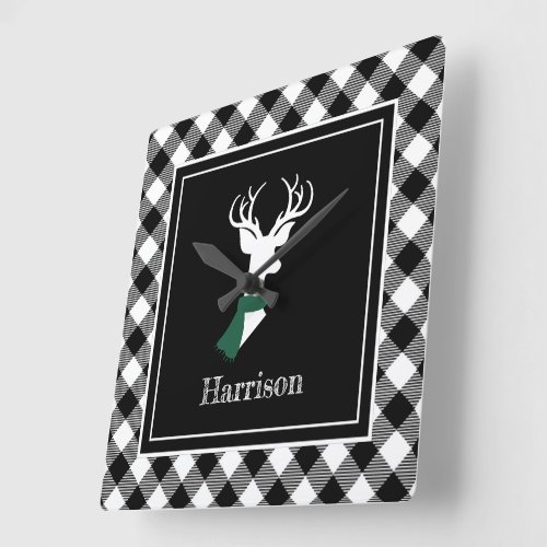 Black White Farmhouse Plaid Chic Deer Family Name Square Wall Clock