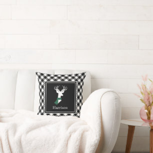 Black White Farmhouse Plaid Chic Deer Personalized Throw Pillow