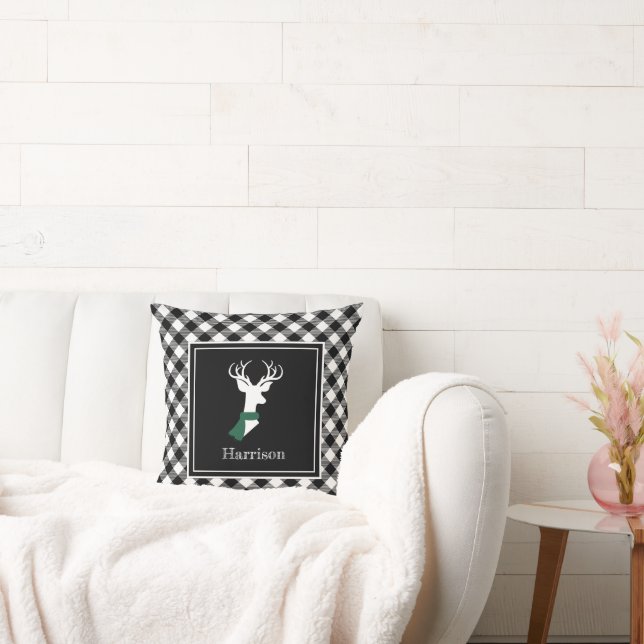 Black White Farmhouse Plaid Chic Deer Personalized Throw Pillow (Couch)