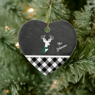 Black White Farmhouse Plaid Deer Chalkboard Name Ceramic Ornament