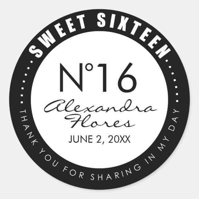 Black & White Fashion Sweet 16 Favor Label Sticker (Front)