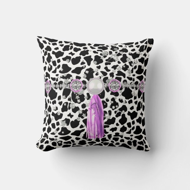 Black & White Faux Animal Print JewelsPurpleTassel Throw Pillow (Front)