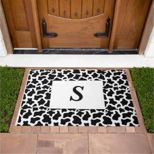 Black & white faux cowhide with monogram Door Mat