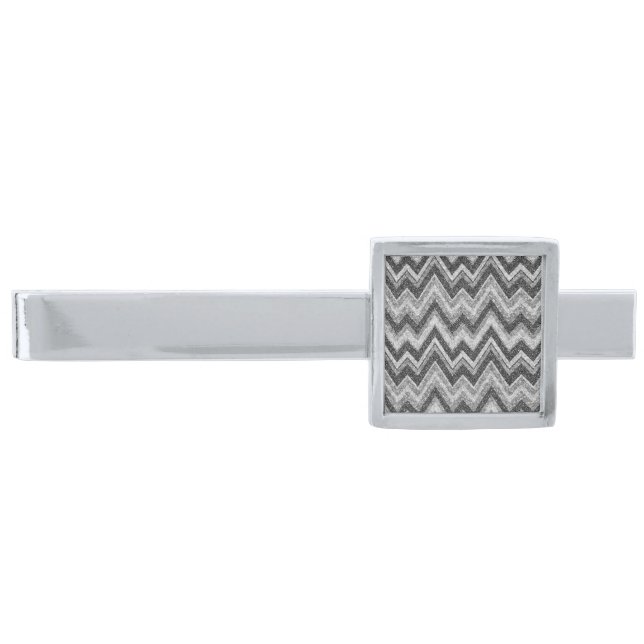 Black & White Faux Glitter Chevron Zigzag Pattern Silver Finish Tie Bar (Front)