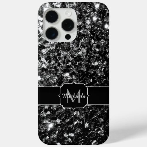 Black White faux glitter sparkles bling Monogram iPhone 15 Pro Max Case