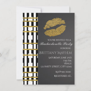 Black White & Faux Gold Beauty Lips Kiss Party Invitation