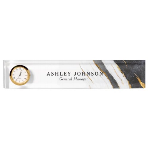 Black White Faux Gold Foil Marble Custom Desk Name Plate