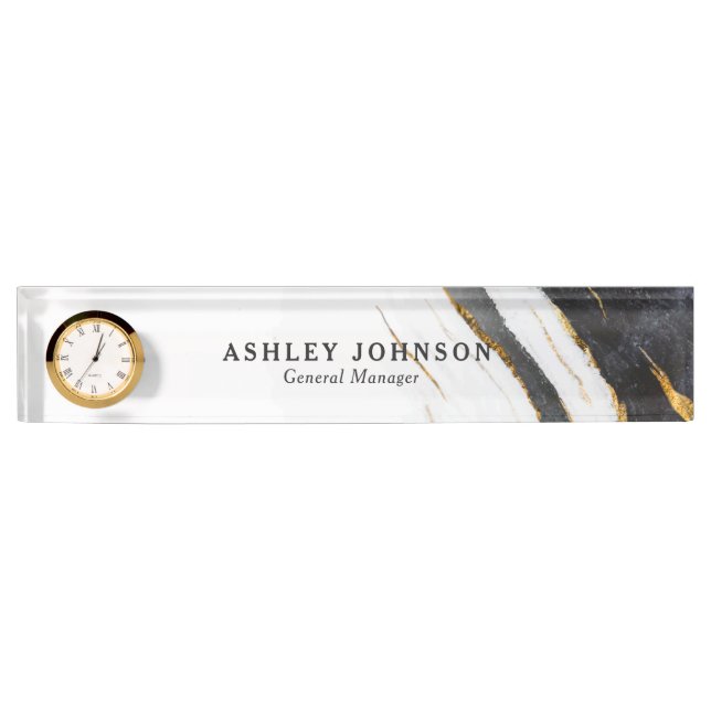 Black White Faux Gold Foil Marble Custom Desk Name Plate (Front)