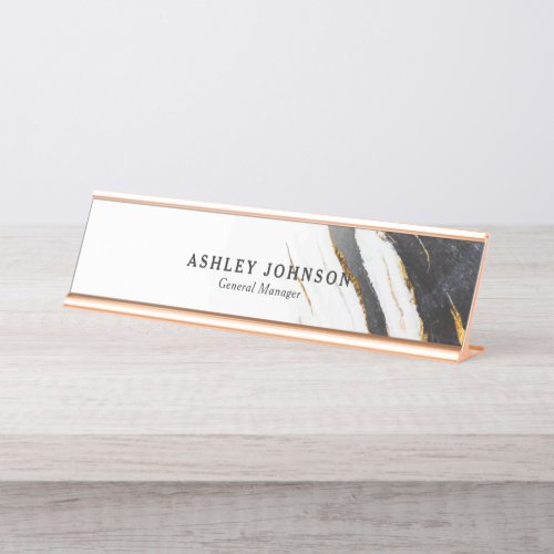 Black White Faux Gold Foil Marble Custom Desk Name Plate