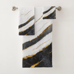 Black White Faux Gold Foil Marble Patterned Bath Towel Set