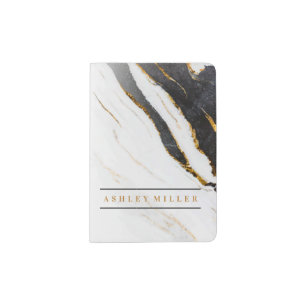 Black White Faux Gold Foil Marble Personalized Passport Holder