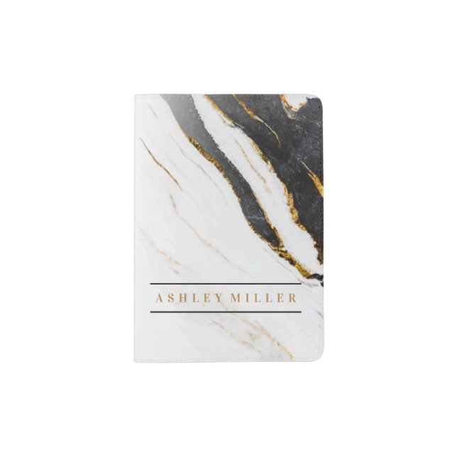 Black White Faux Gold Foil Marble Personalized Passport Holder (Front)