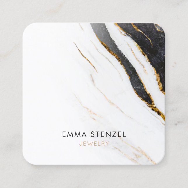 Black White Faux Gold Foil Marble Square Business Card (Front)
