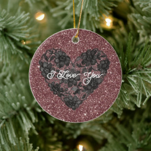 Black White Faux Lace Heart Floral Ceramic Ornament