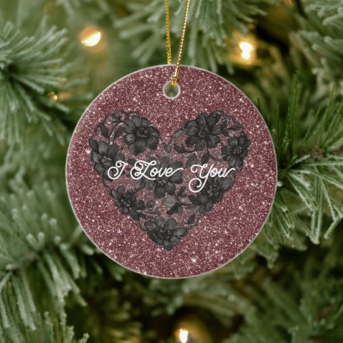 Black White Faux Lace Heart Floral  Ceramic Ornament