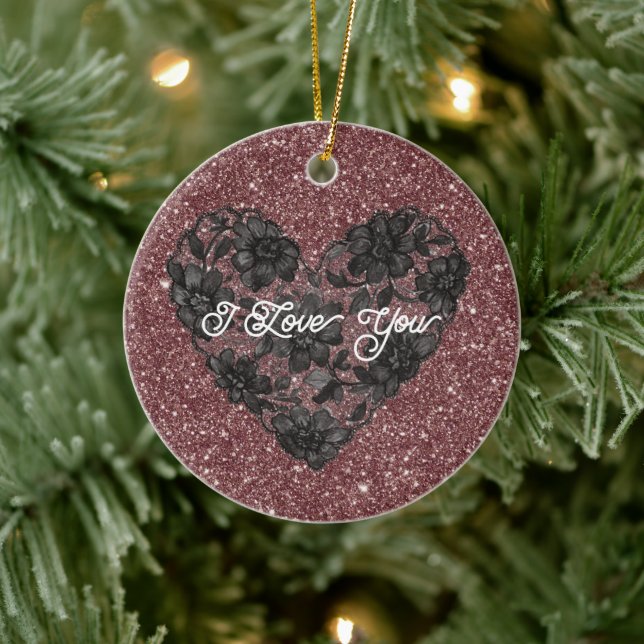 Black White Faux Lace Heart Floral  Ceramic Ornament (Tree)