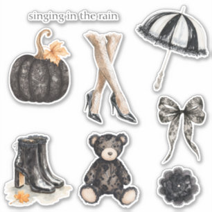 Black White Faux Lace Umbrella Legs Teddy Bear Sticker