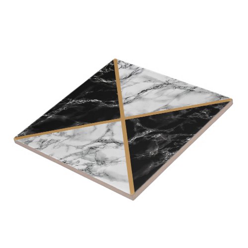 Black White Faux Marble Ceramic Tile and Gold Line