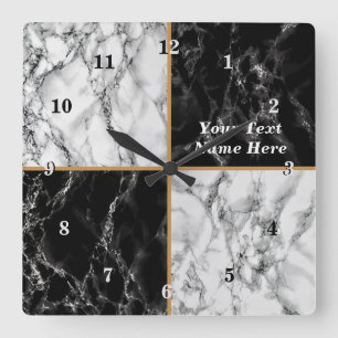 Black White Faux Marble Clock with Custom Text