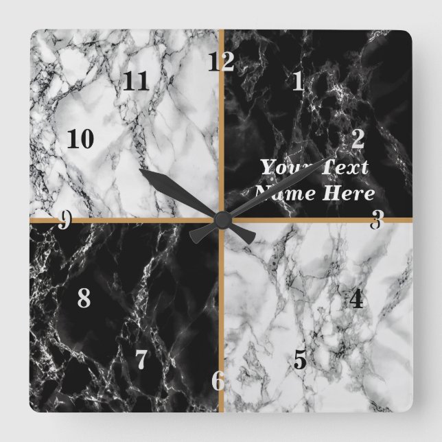 Black White Faux Marble Clock with Custom Text (Front)
