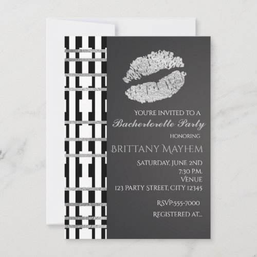 Black White  Faux Silver Beauty Lips Kiss Party Invitation