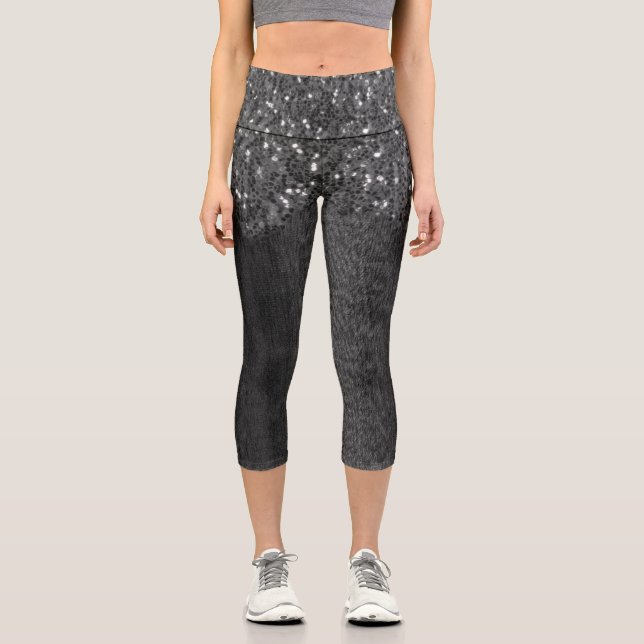 Black white faux sparkles rustic wood capri leggings (Front)