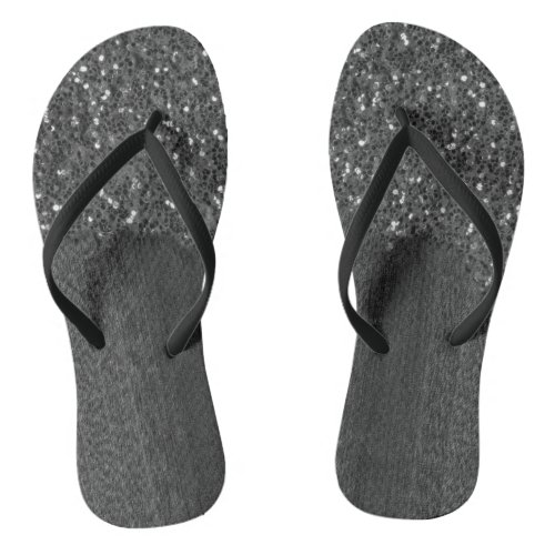 Black white faux sparkles rustic wood flip flops