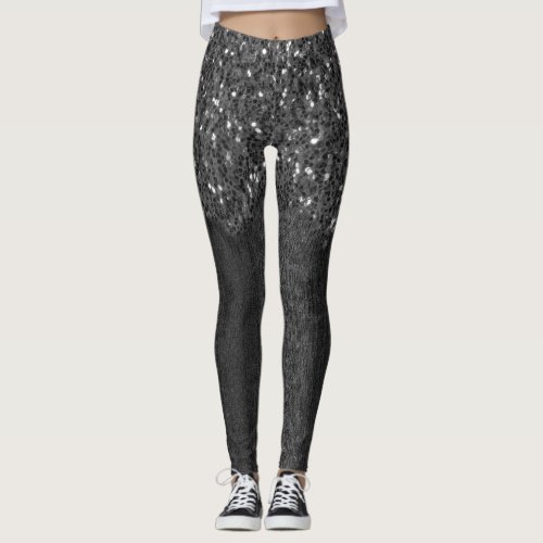 Black white faux sparkles rustic wood leggings