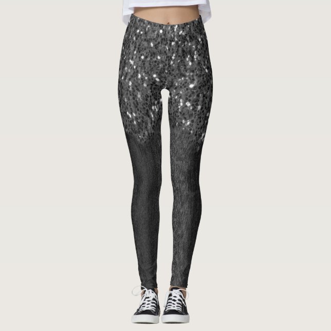 Black white faux sparkles rustic wood leggings (Front)